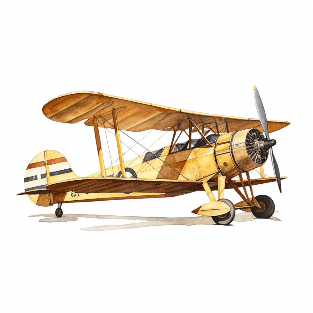 vintage airplane, biplane, cream, tan, brown, gold, ochre, navy blue, red stripe, aviation, retro, steampunk, transportation, aircraft, propeller, vintage travel, 1920s, 1930s, nostalgic, masculine, adventure, pilot theme, art deco, mechanical, industrial style, travel theme, adventure seeker, vintage inspired, heritage colors, classic aviation