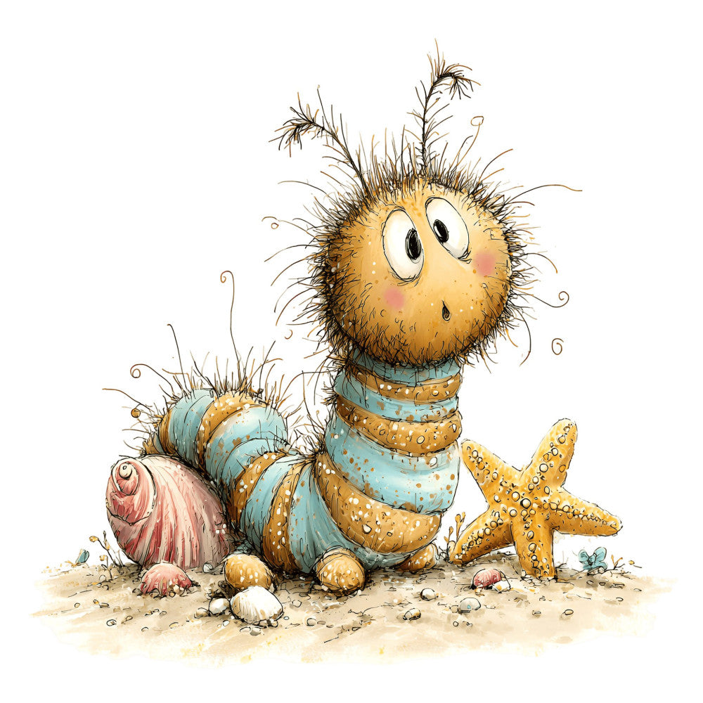 whimsical, sea creatures, starfish, shell, ocean, coastal, beach themed, nautical, children's illustration, cute animals, tan, turquoise, dusty blue, coral pink, golden yellow, ochre, illustration style, storybook, whimsy, summer, seaside, marine life, child friendly, playful, quirky, adorable, sand and shells, coastal decor, nursery