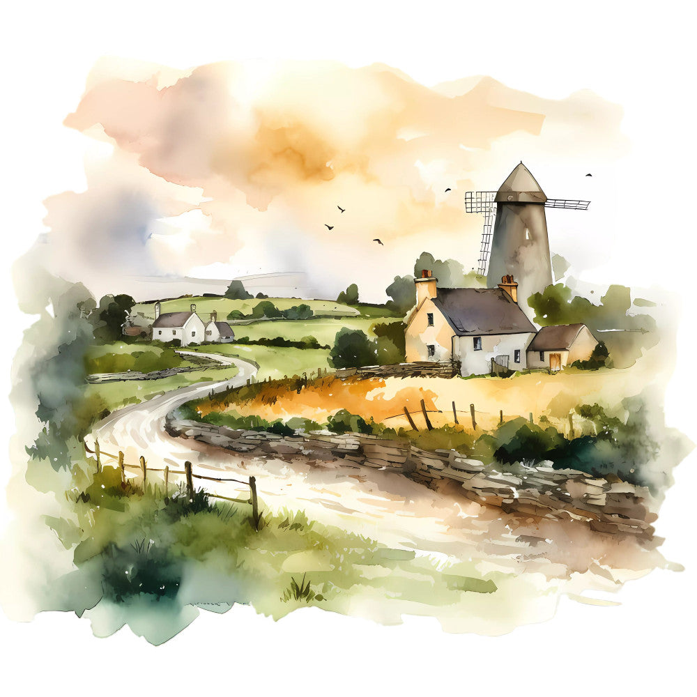 watercolor, countryside, windmill, pastoral, farmhouse, rustic, cottage, landscape, nature scene, cream, sage green, soft green, golden yellow, warm beige, tan, muted colors, peaceful, traditional, vintage, scenic, rural, farm buildings, winding river, birds, rolling hills, soft watercolor, spring, summer, wall hanging, home decor