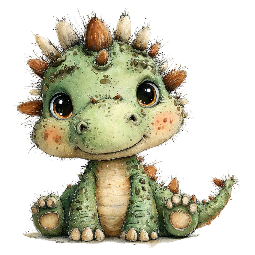 sage green, cream, tan, rust brown, orange, woodland animal, dragon, dinosaur, cute, whimsical, playful, children's, baby, fantasy creature, scales, spikes, textured, nature-inspired, storybook, illustration style, watercolor, artistic, magical, nursery, kids fabric, animal lover, adventure theme, spring, summer, soft colors
