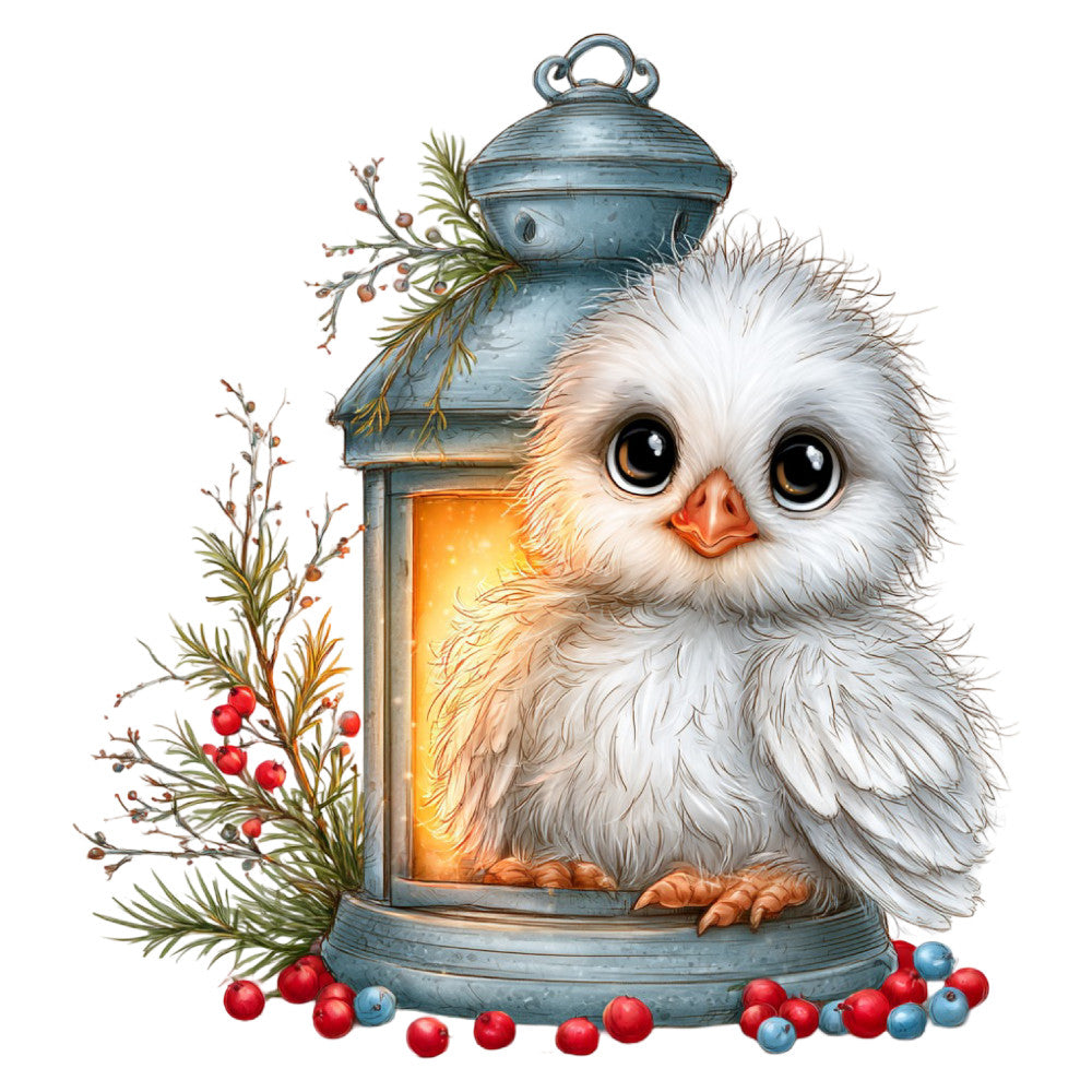 white owl, blue lantern, winter holiday, christmas, festive, warm lighting, evergreen branches, red berries, blue berries, whimsical, rustic, cozy, nature, birds, animals, winter theme, holiday decor, warm amber glow, decorative lantern, blue-grey, cream white, orange beak, seasonal, traditional, elegant, charming, festive animals, winter wildlife, holiday panel, wall hanging