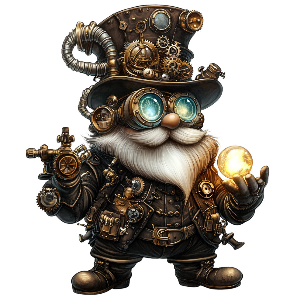 steampunk gnome, mechanical gears, bronze tones, copper accents, brass details, goggles, white beard, top hat, fabric panel, quilting cotton, victorian fantasy, clockwork elements, glowing orb, mustache, leather boots, intricate machinery, fantasy character, golden yellow, dark brown, metallic finish