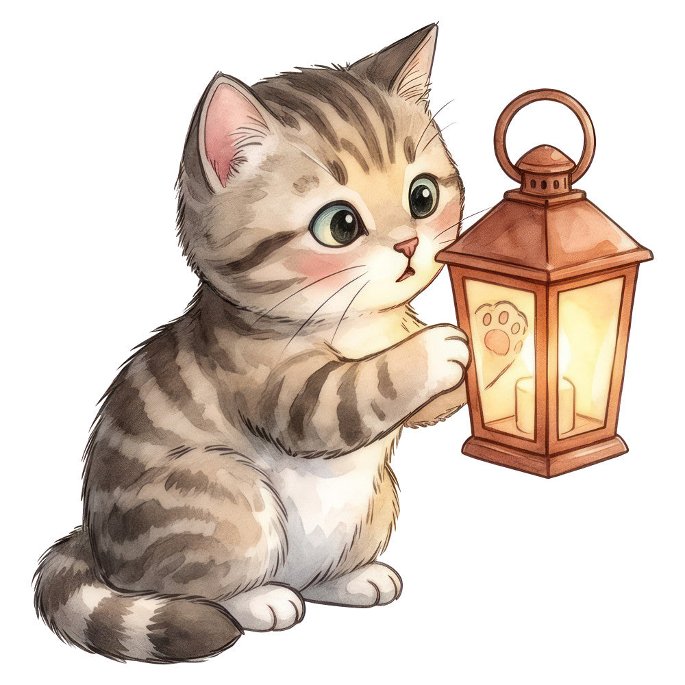tabby cat, striped cat, brown tabby, cream white, warm beige, tan stripes, copper lantern, glowing light, whimsical, cute animals, cat lover, children's theme, nursery, baby quilt, wall hanging, cozy, charming, illustration style, storybook, vintage inspired, gentle, sweet, decorative, home decor, kids fabric, animal motifs, lantern light, warm colors, soft palette