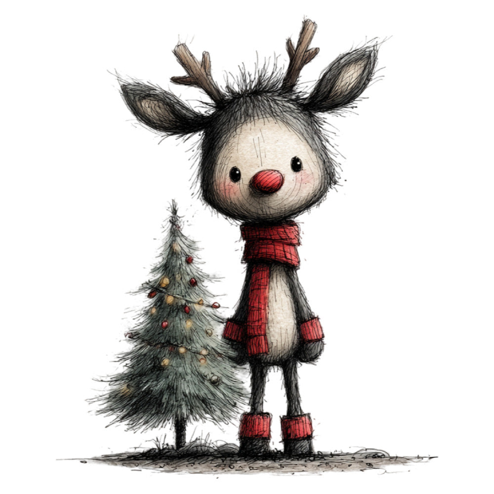 reindeer, red nose, christmas, holiday, festive, whimsical, cute, children's, baby, winter, plaid scarf, cozy, rustic, charming, storybook, illustration, hand-drawn, cream, black, red, grey, neutral tones, tree, ornaments, cheerful, playful, scandinavian, folk art, nursery, seasonal