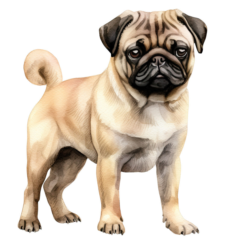 Watercolor Pug Fabric Panel 23 featuring a detailed, soft-toned illustration of a fawn pug on premium quilting cotton.