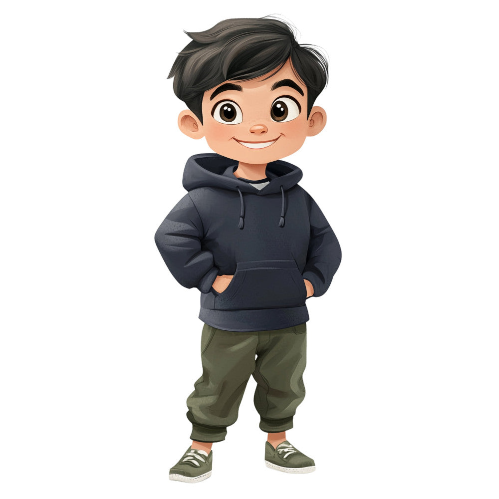 navy blue, forest green, olive green, tan, dark gray, boy character, cartoon boy, children's design, kids fabric, playful, whimsical, modern, cute, character panel, young boy, smiling child, casual clothing, hoodie, sneakers, friendly, cheerful, contemporary, illustration style, graphic design, children's apparel, youth theme, animated character, approachable style, fun design, gender neutral