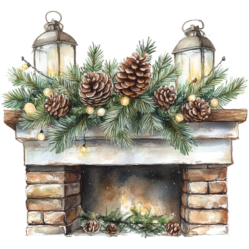 Watercolor Christmas Scene Fabric Panel 12