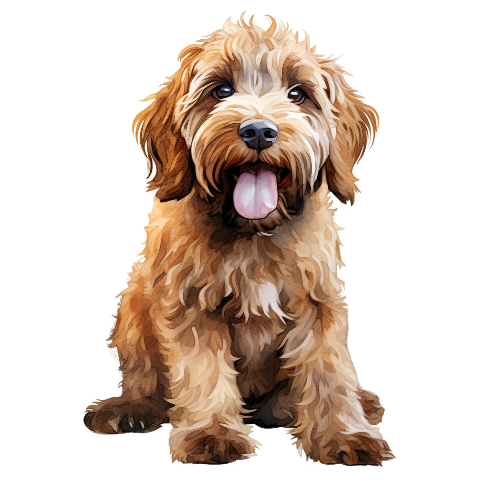 golden brown, cream, white, tan, apricot, chocolate brown, dog portrait, goldendoodle, labradoodle, cockapoo, doodle dog, puppy, animal lover, cute dog, pet themed, whimsical, playful, friendly, cheerful, tongue out, smiling dog, dog face, pet lover gift, children's, kids, nursery, animal panel, dog breed, poodle mix, fluffy fur