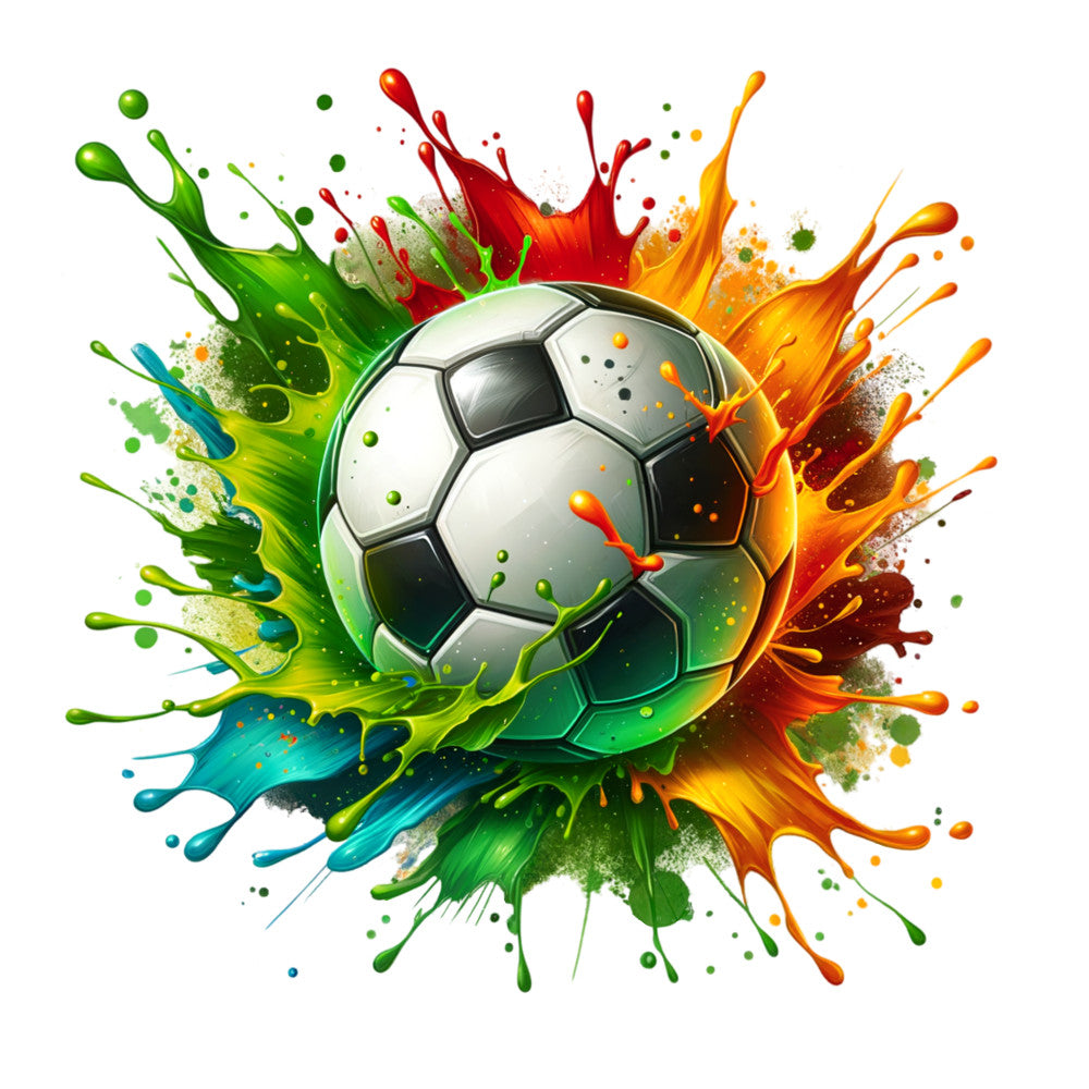 soccer ball, watercolor splashes, vibrant green, bright orange, deep red, turquoise blue, yellow splashes, paint splatters, sports theme, dynamic movement, fabric panel, quilting cotton, athletic design, colorful bursts, modern art style, energetic mood, geometric soccer pattern, liquid paint effect, craft fabric, bright colors