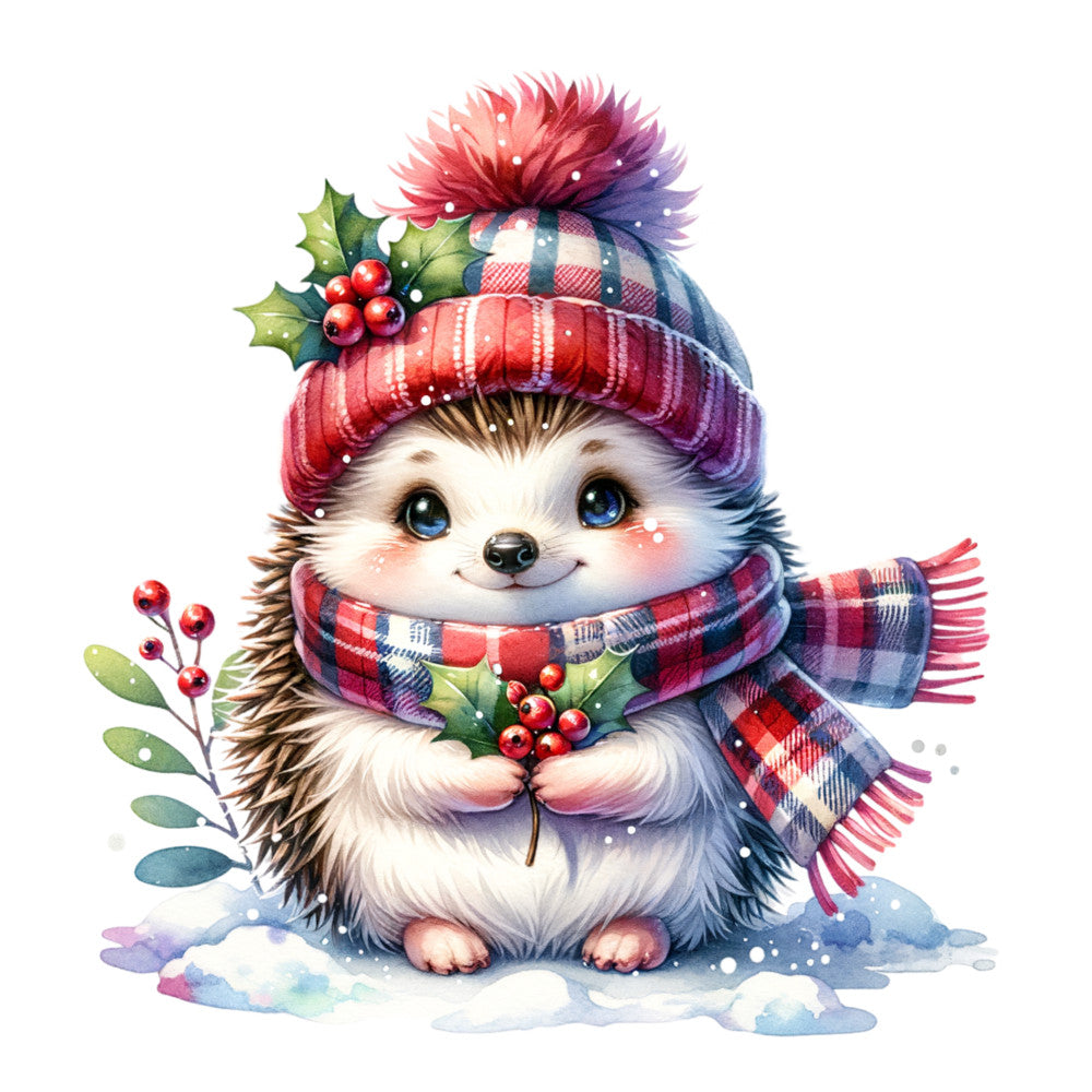 hedgehog, winter hat, plaid scarf, red berries, holly leaves, blue eyes, watercolor style, christmas theme, snow, pom pom hat, festive colors, red plaid, woodland creature, fabric panel, quilting cotton, adorable character, winter clothing, holiday design, soft pastels, whimsical illustration