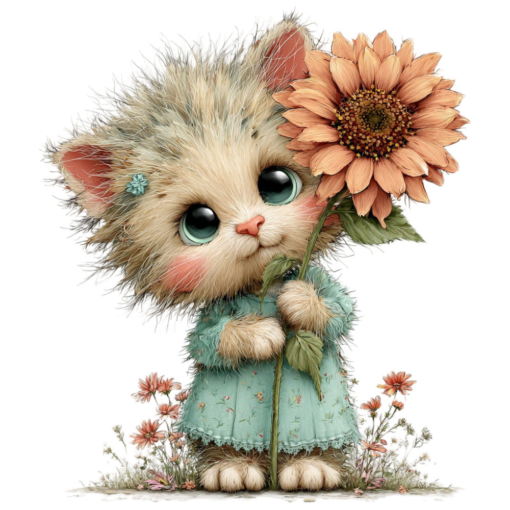 cute cat, whimsical animals, fluffy kitten, sunflower, peach, cream, mint green, dusty rose, sage green, floral, nature, botanical, sweet, adorable, childlike, storybook, fantasy, illustrated, cat lover, pet themed, daisy, wildflowers, spring, summer, nursery, baby, children's, endearing, playful, cottage core
