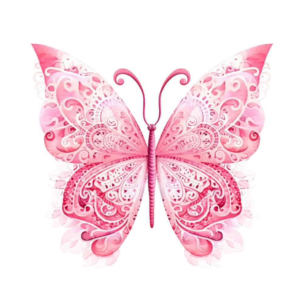pink butterfly, watercolor style, ornate patterns, swirls, decorative wings, breast cancer awareness, fabric panel, quilting cotton, paisley designs, intricate details, symmetrical butterfly, rose pink, magenta, soft pink, delicate artwork, feminine design, craft fabric, sewing panel, floral motifs, graceful butterfly