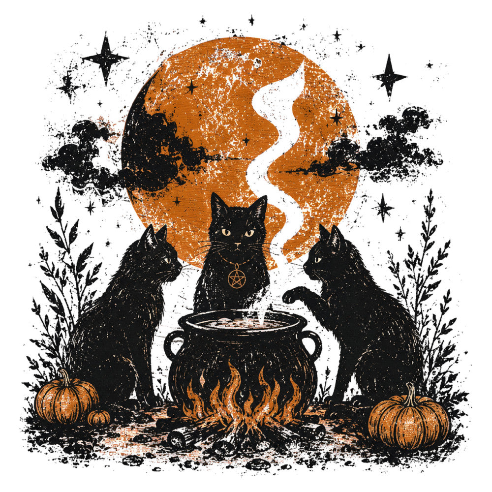 black cats, orange moon, cauldron, witchy, halloween, autumn, fall, celestial, stars, pumpkins, magical, gothic, dark orange, cream, black, mystical, witch, occult, pentagram, herbs, plants, boho, whimsical, spooky, seasonal, rustic, nature, animals, supernatural, potion