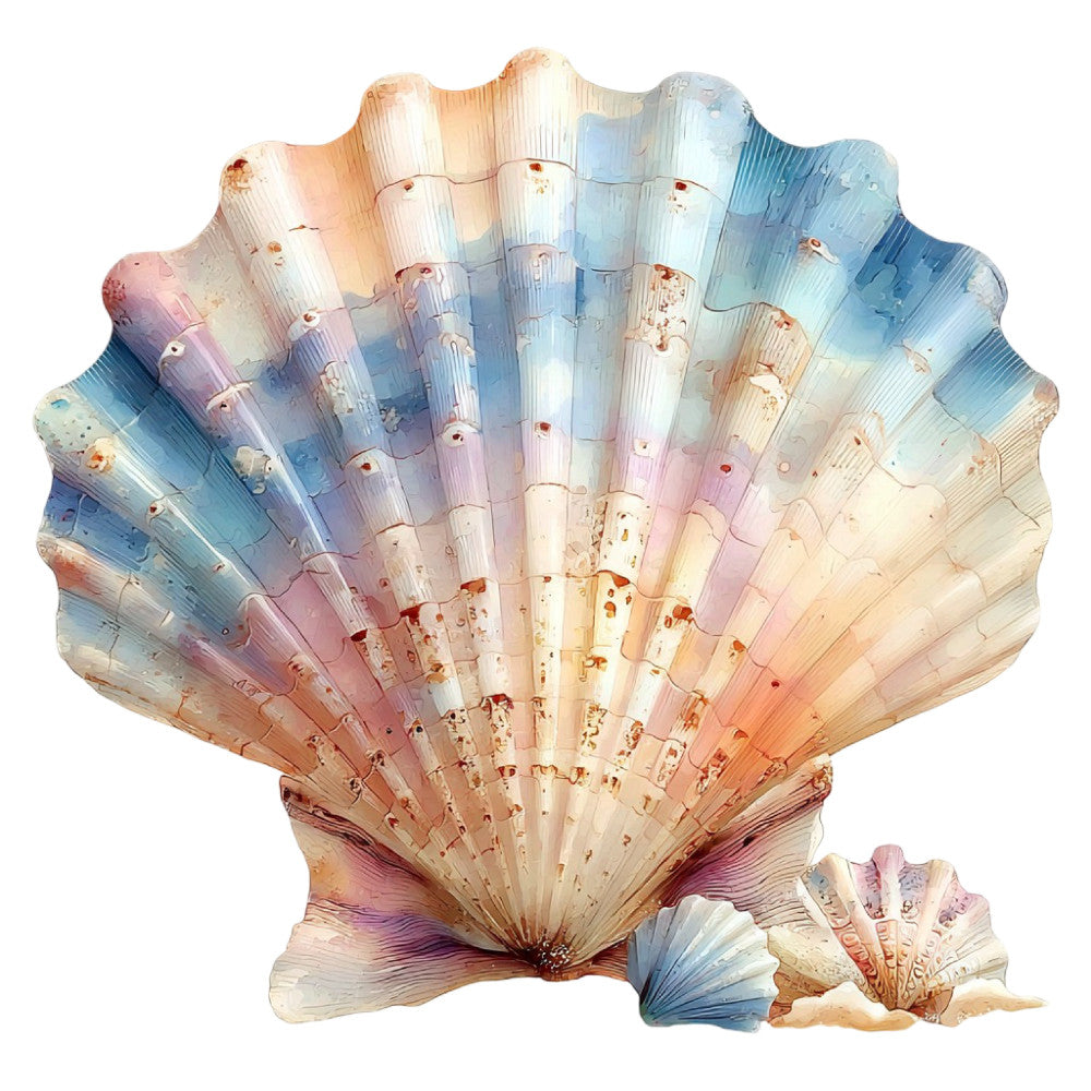 seashell, ocean, nautical, coastal, watercolor, ombre gradient, pastel blue, dusty rose, coral pink, cream, soft peach, lavender, sky blue, iridescent, metallic accents, nature-inspired, beach theme, seashore, mollusk, bivalve, elegant, whimsical, summer, coastal living, wall hanging, home decor, shell motif, soft colors, dreamy, artistic