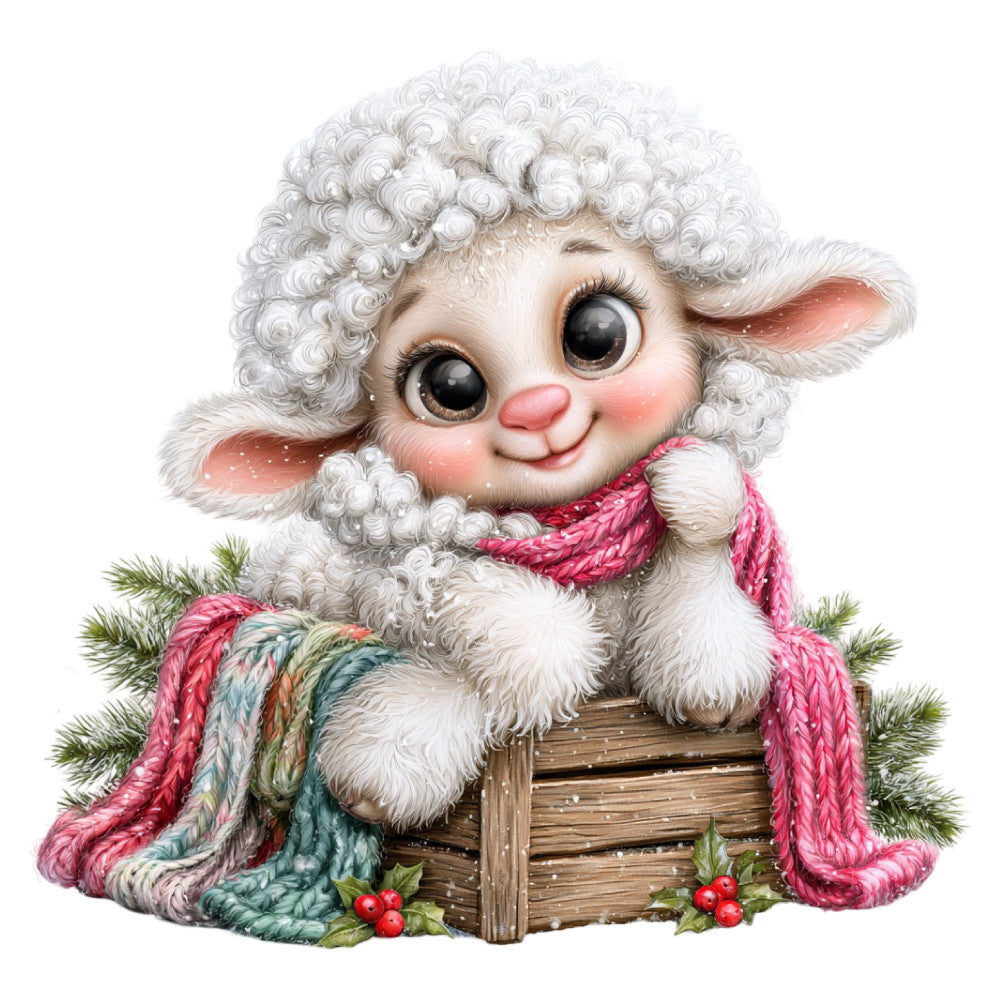 white fluffy lamb, baby animals, cute characters, whimsical, pink scarf, winter holiday, christmas, snow, evergreen branches, holly berries, red berries, cozy, nursery, children's fabric, soft pastel, pink and white, cream, woodland, festive, storybook illustration, decorative panel, wall hanging, baby quilt, animated, charming, gentle, holiday cheer, seasonal, rustic wood basket