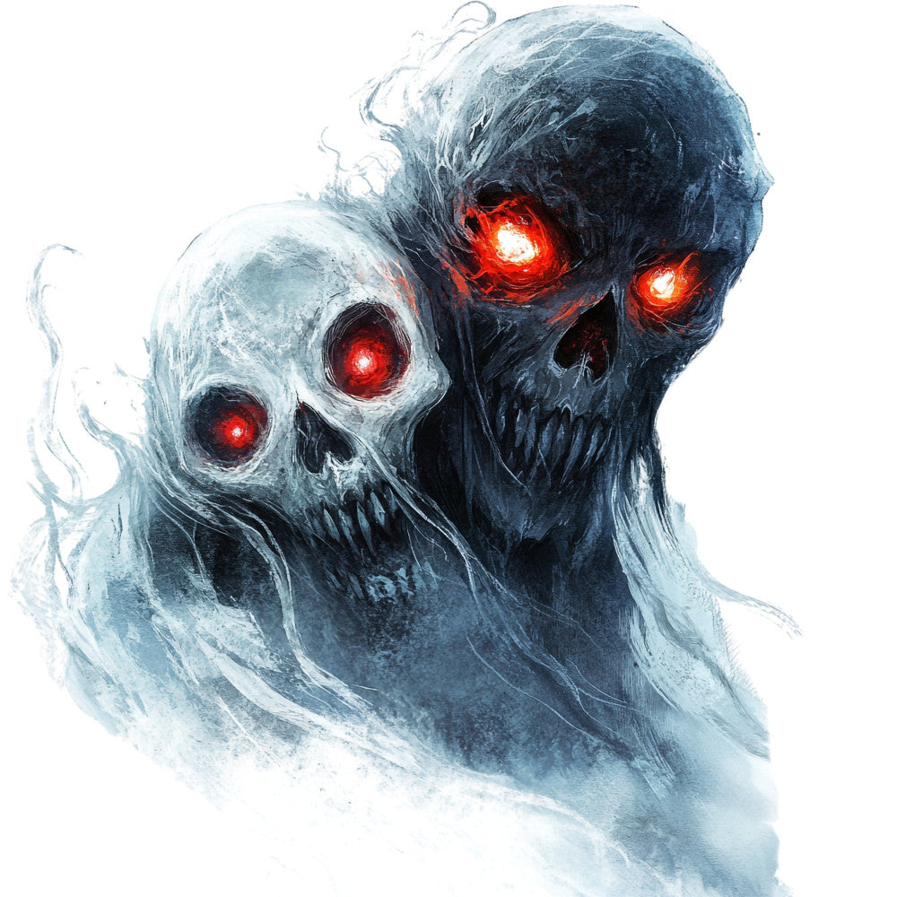 skull, skeleton, glowing eyes, red eyes, gothic, dark, spooky, halloween, supernatural, ghost, phantom, horror, eerie, mystical, blue-gray, charcoal, ice blue, monochromatic, dramatic, sinister, haunted, undead, creepy, luminescent, glow-in-the-dark effect, dark fantasy, macabre, gothic style, paranormal, celestial dark