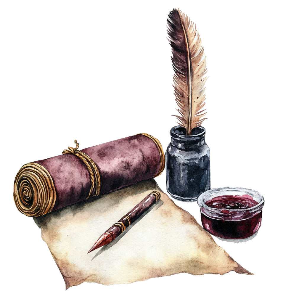 burgundy, wine red, cream, tan, beige, gold, black, vintage, writing, calligraphy, feather, quill pen, ink bottle, parchment, scroll, literary, antique, elegant, traditional, steampunk, bohemian, rustic, historical, manuscript, stationery, writer, poet, study, library, dark academia