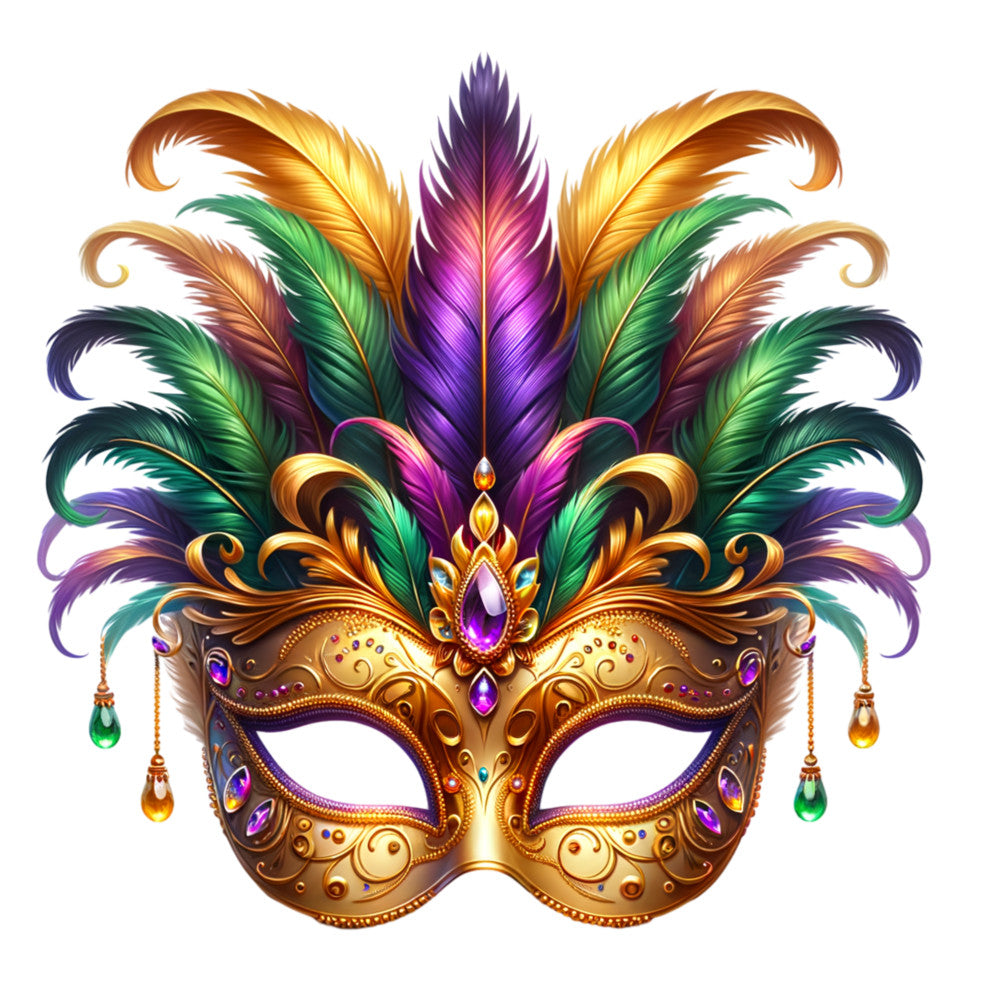 watercolor, mardi gras, carnival mask, feathers, purple, gold, green, ornate design, decorative swirls, gemstones, fabric panel, festive, masquerade, intricate details, vibrant colors, beading, jeweled accents, elaborate plumes, celebration theme, quilting cotton