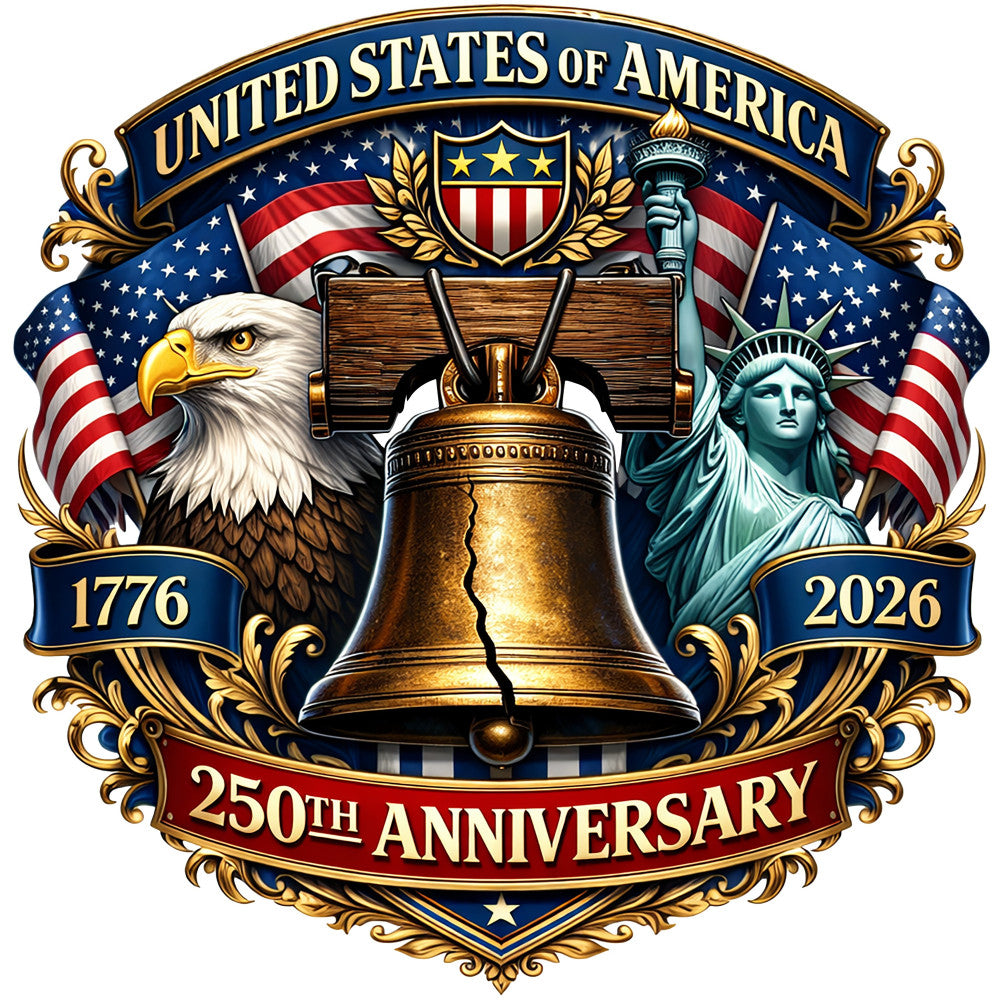 patriotic, american flag, bald eagle, liberty bell, statue of liberty, red white and blue, navy blue, gold, bronze, stars, stripes, 250th anniversary, 1776, 2026, commemorative, historical, americana, national symbols, elegant, traditional, vintage, governmental, formal, memorial, independence day, patriot, heraldic, ornate decorative, shield emblem
