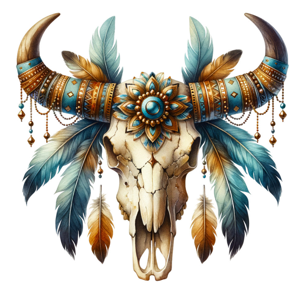 bull skull, cow skull, tribal design, native american, southwestern, turquoise blue, burnt orange, golden brown, cream white, feathers, decorative beads, geometric patterns, mandala design, bohemian style, western theme, fabric panel, quilting cotton, spiritual motif, ornate details, rustic artwork