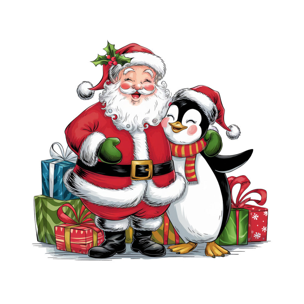 santa claus, penguin, christmas, red, white, black, green, blue, gold, gift boxes, presents, holly, santa hat, beard, striped scarf, fabric panel, quilting cotton, holiday theme, winter scene, cartoon style, cheerful, festive, north pole, christmas morning, wrapped gifts