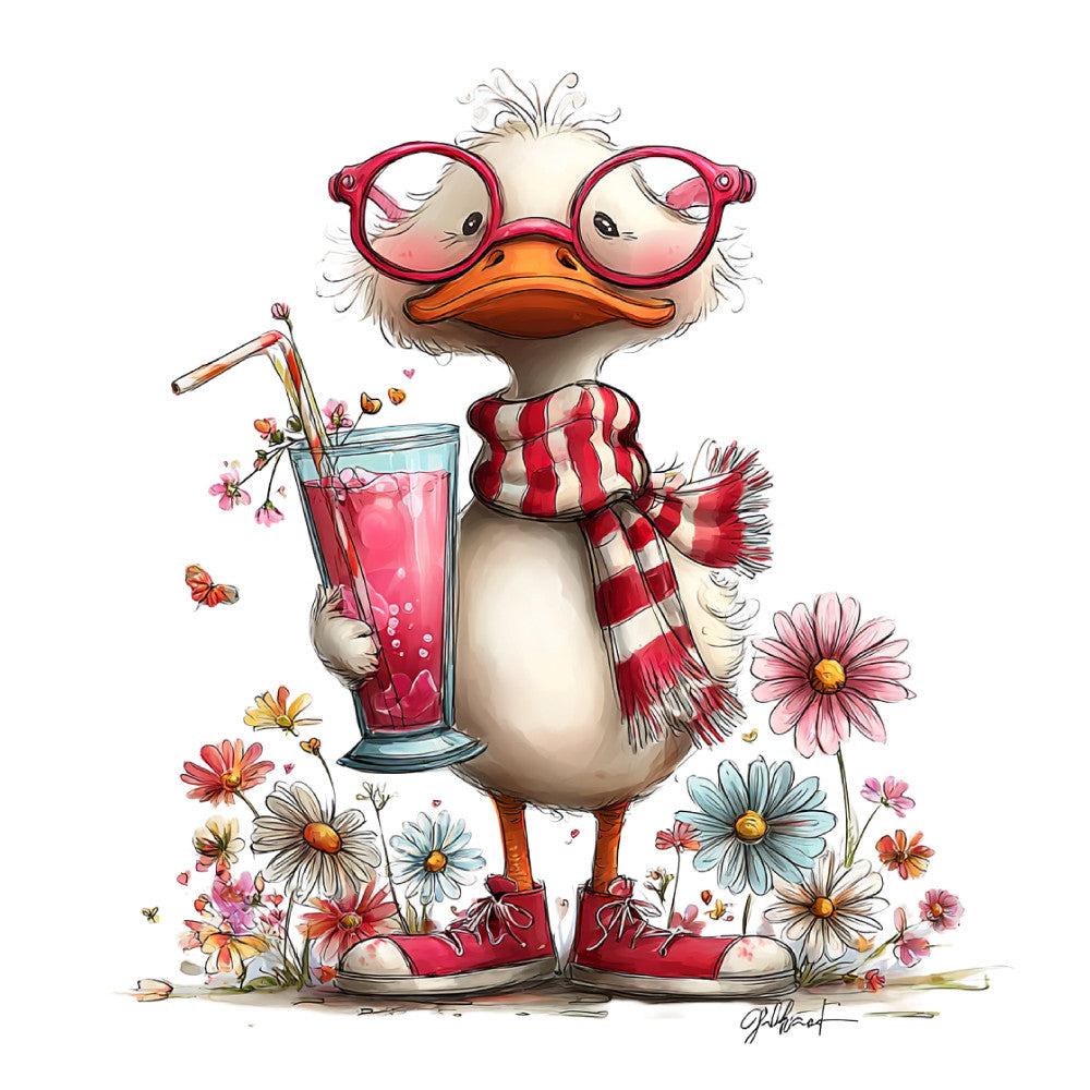 whimsical duck, coral pink, red and white striped, floral, animal character, glasses, scarf, vintage style, cute, playful, daisies, cheerful, springtime, summer, nature, botanical, heart motifs, birds and flowers, children's, nursery, folk art, retro, colorful, striped pattern, character design, decorative panel, illustration, artisan, quirky, fun print