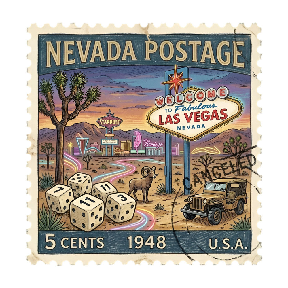vintage las vegas, retro postage stamp, desert landscape, joshua tree, neon sign, dice, lucky sevens, 1948, nevada, mid-century modern, turquoise, coral pink, sunset orange, desert tan, dusty purple, vintage advertisement, nostalgic, whimsical, retro style, gambling theme, vintage travel, americana, classic car, bighorn sheep, neon lights, postcard design, western theme, retro color palette, iconic landmark