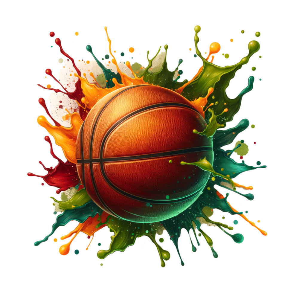 basketball, watercolor style, paint splash, orange, green, red, yellow, sports theme, fabric panel, quilting cotton, artistic design, dynamic movement, colorful explosion, athletic motif, craft fabric, sewing material, vibrant colors, paint splatters, basketball graphics, energetic