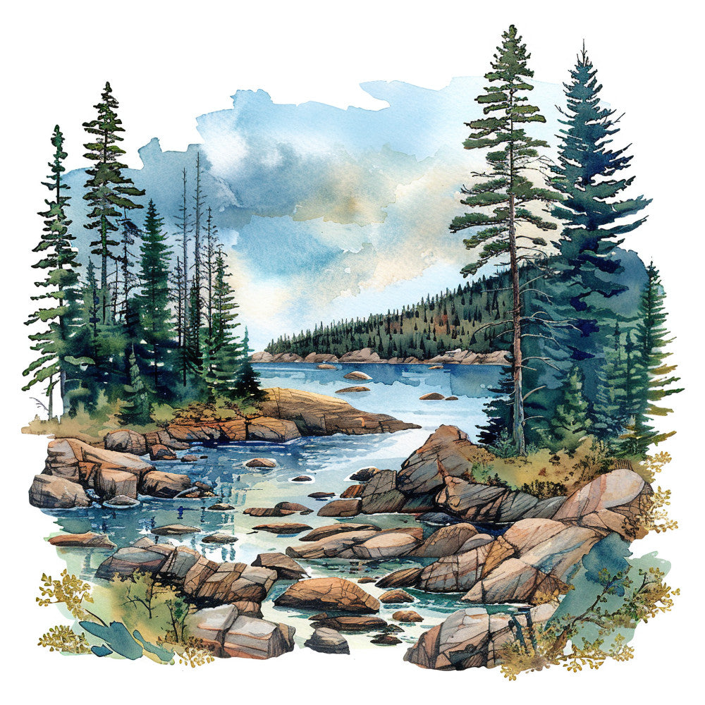 forest green, sky blue, cream, tan, brown, stone gray, turquoise, landscape, nature, mountain lake, forest, scenic, trees, coniferous trees, pine trees, rocky shore, boulders, water, lake scene, wilderness, outdoor, cabin, rustic, peaceful, serene, naturalistic, watercolor, autumn, summer