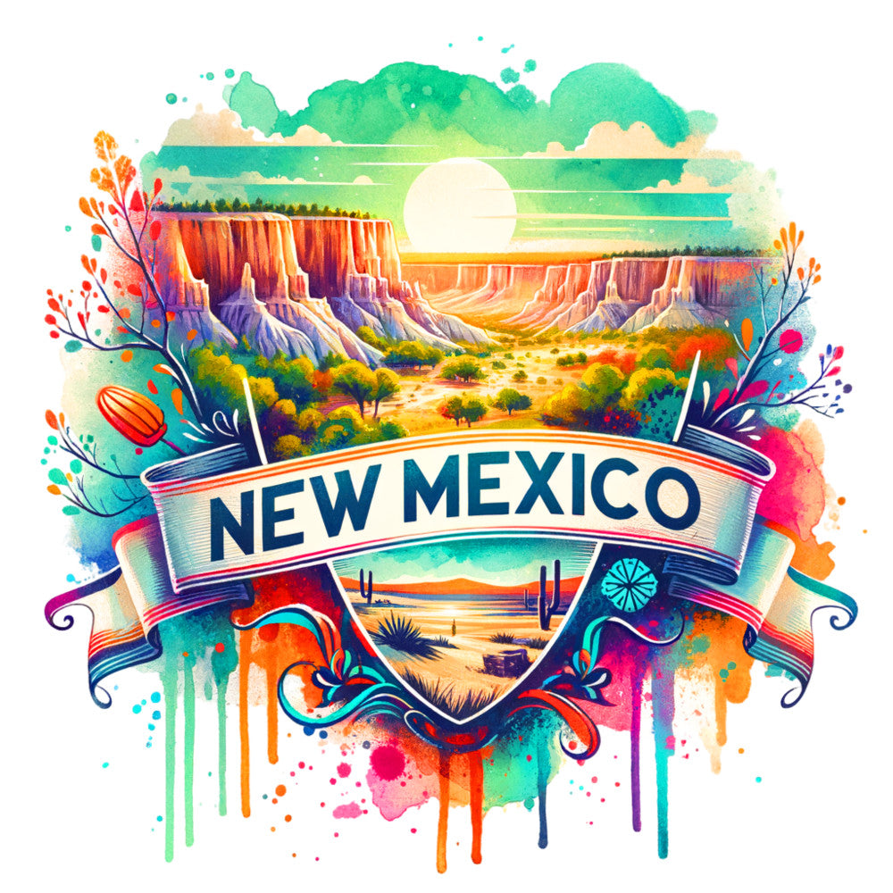 US States Retro Travel Fabric Panel 11 featuring colorful New Mexico landscape with cliffs, desert, and cacti, printed on premium cotton.