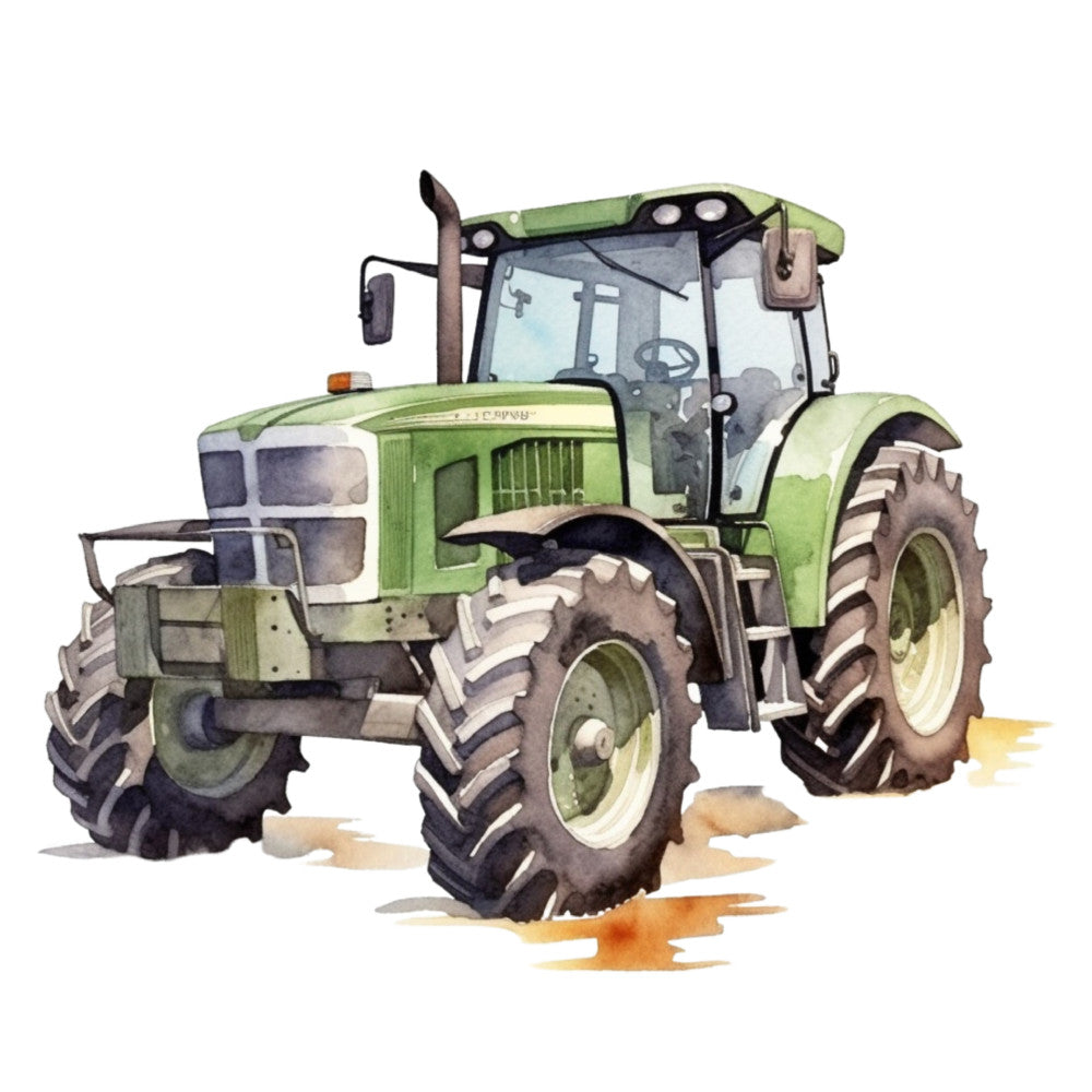 watercolor tractor, green tractor, farm equipment, agricultural vehicle, large tires, cab windows, watercolor painting, soft brushstrokes, earth tones, olive green, brown accents, farming theme, rural scene, machinery illustration, fabric panel, quilting cotton, transportation motif, country style, vintage feel, hand-painted look