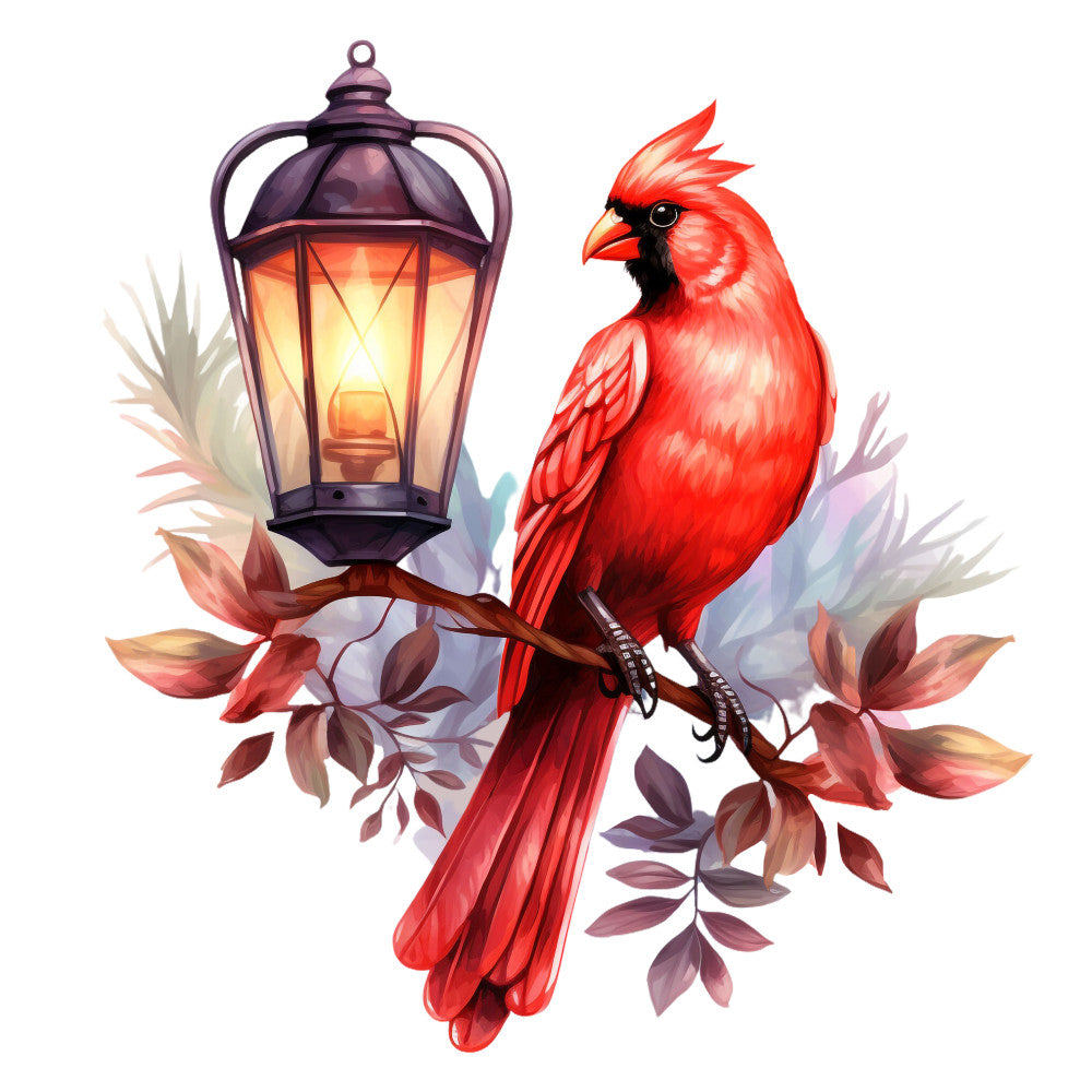 red cardinal, bird illustration, lantern, autumn leaves, warm orange glow, burgundy tones, decorative branches, wildlife art, fabric panel, quilting cotton, nature theme, cozy lighting, seasonal design, botanical elements, watercolor style, craft fabric, sewing material, fall colors, bird motif, vintage lantern