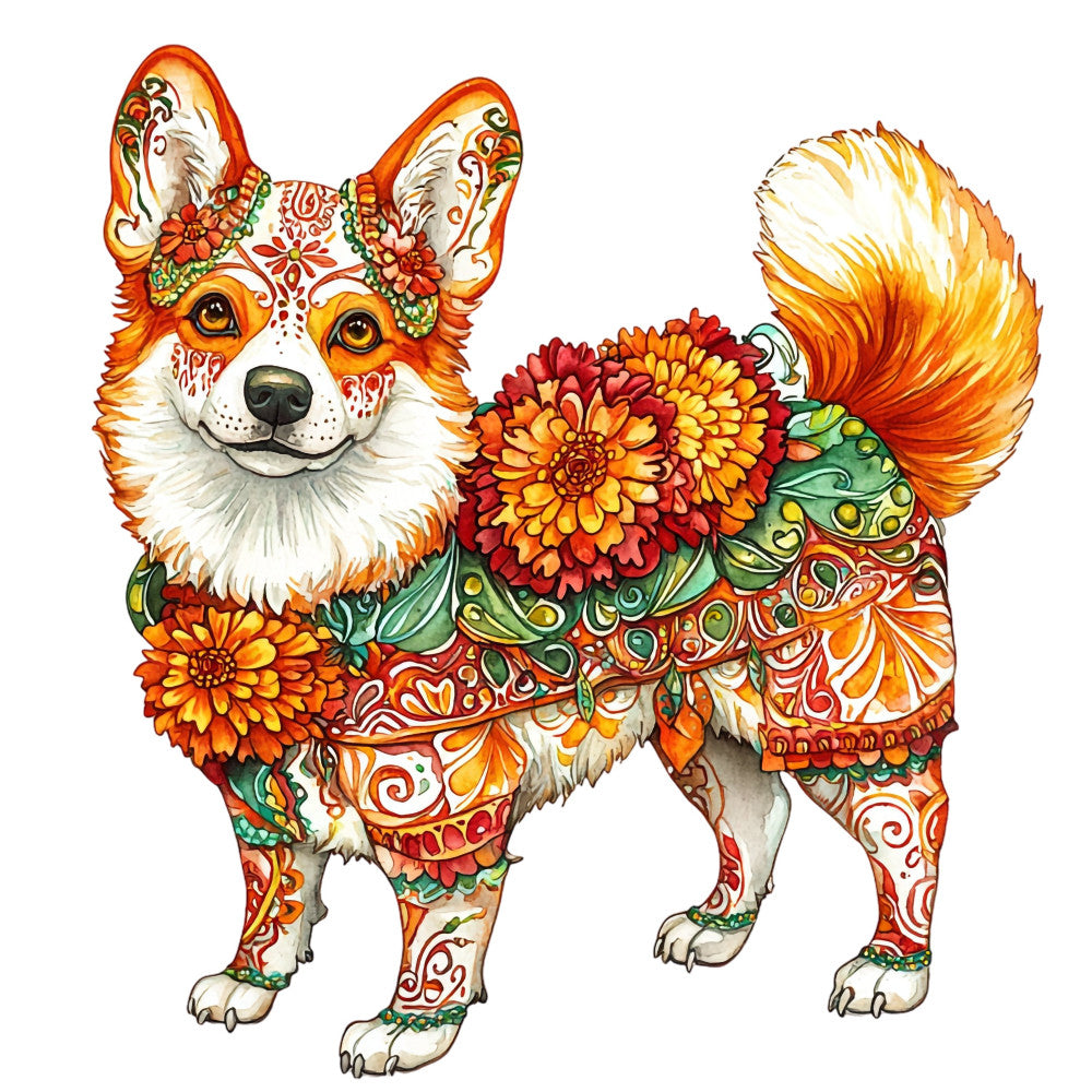 corgi, dog, animal, floral, ornamental, decorative, mandala, bohemian, whimsical, folk art, orange, red, gold, yellow, green, white, cream, intricate patterns, detailed design, boho, artistic, colorful, festive, daisies, flowers, nature-inspired, traditional, vibrant, ethnic, zentangle