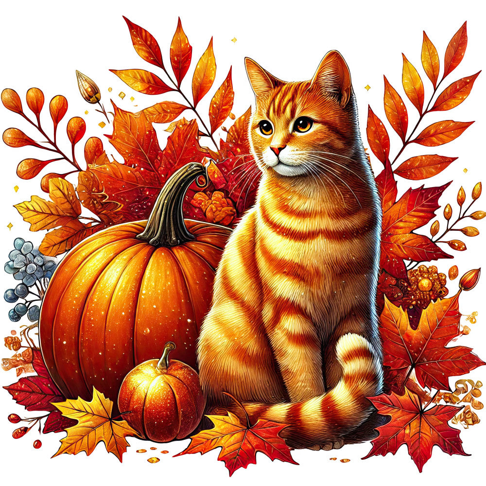 autumn, fall, orange, red, golden yellow, burnt orange, rust, pumpkin, cat, orange tabby, feline, leaves, maple leaves, pumpkins, berries, seasonal, harvest, thanksgiving, nature, animal, woodland, whimsical, warm tones, cozy, rustic, traditional, fall foliage, decorative panel, home decor, festive