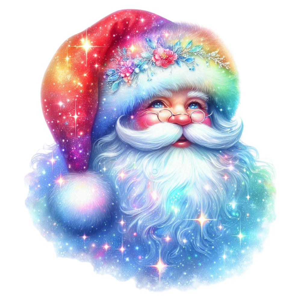 santa, christmas, holiday, festive, rainbow, multicolor, gradient, magical, whimsical, sparkle, glitter, stars, starry, celestial, winter, jolly, bearded, face panel, metallic accents, fantasy, enchanted, colorful, red, blue, purple, yellow, green, gold, floral crown, decorative