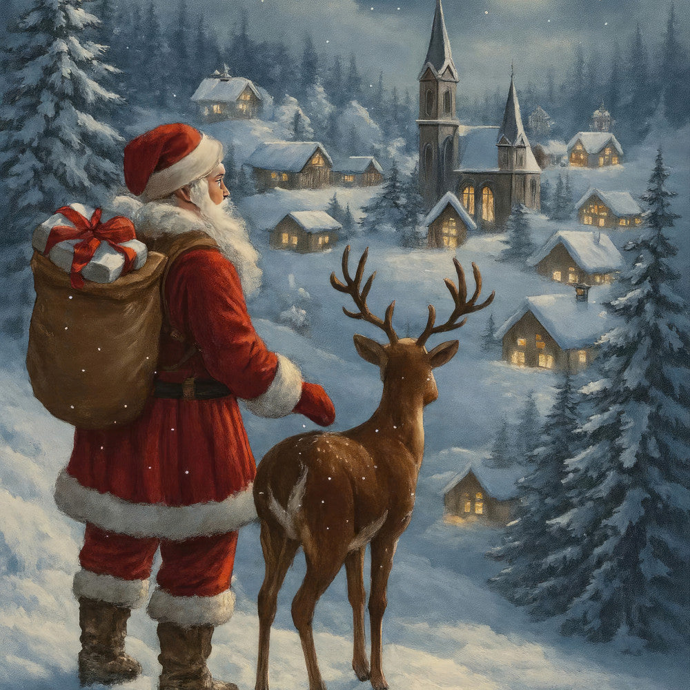 santa claus, reindeer, christmas, holiday, winter village, snow, church, cottages, red and white, cream, brown, forest green, gold accents, festive, traditional, whimsical, vintage, nostalgic, winter scene, snowy landscape, gift bag, evergreen trees, twinkling lights, night sky, seasonal, christmas decor, holiday panel, wall hanging, home decor, thomas kinkade style