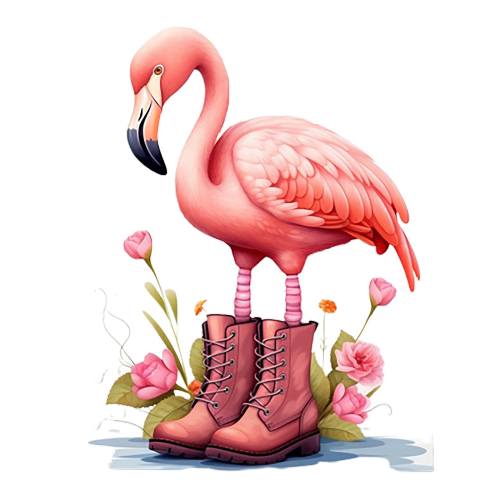 flamingo, pink boots, lace-up boots, coral pink, soft pink, watercolor style, whimsical illustration, tropical bird, floral elements, roses, green leaves, fabric panel, quilting cotton, artistic design, playful motif, nature themed, bird illustration, boot fashion, fantasy design, crafting fabric