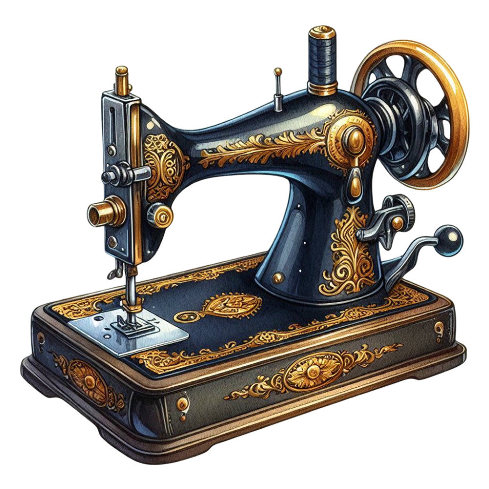 vintage sewing machine, antique, steampunk, ornate, gold accents, navy blue, bronze, decorative, mechanical, retro, Victorian, ornamental, nostalgic, heritage, classic, elegant, traditional, brass details, embellished, industrial, timeless, old-fashioned, collector's theme, crafting, needle and thread, machinery, intricate details, ornate scrollwork