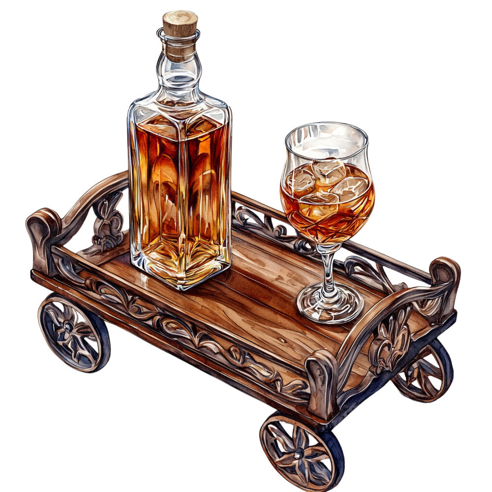 bourbon bottle, whiskey glass, wooden cart, amber liquid, golden brown, cork stopper, crystal decanter, ornate metalwork, vintage wheels, serving tray, alcohol themed, distillery scene, rich browns, glass tumbler, ice cubes, decorative handles, wooden panel, liquor illustration, bar cart, copper tones