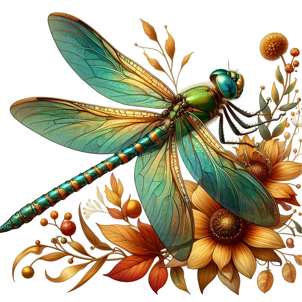 teal, turquoise, emerald green, gold, bronze, yellow, rust orange, copper, cream, dragonfly, botanical, floral, nature, insects, flowers, sunflowers, whimsical, elegant, detailed illustration, autumn, fall, spring, summer, garden, wildlife, steampunk, vintage, decorative, naturalistic, artistic