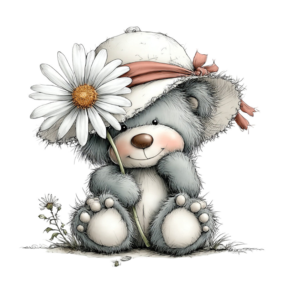 cute teddy bear, gray and white, cream colored, daisy flower, floral, whimsical, children's, baby, adorable, sweet, soft, gentle, spring, summer, nature themed, woodland, animal character, brown ribbon, bow detail, illustration style, decorative, playful, nursery, baby quilt, wall hanging, storybook style, vintage charm, delicate, heartwarming