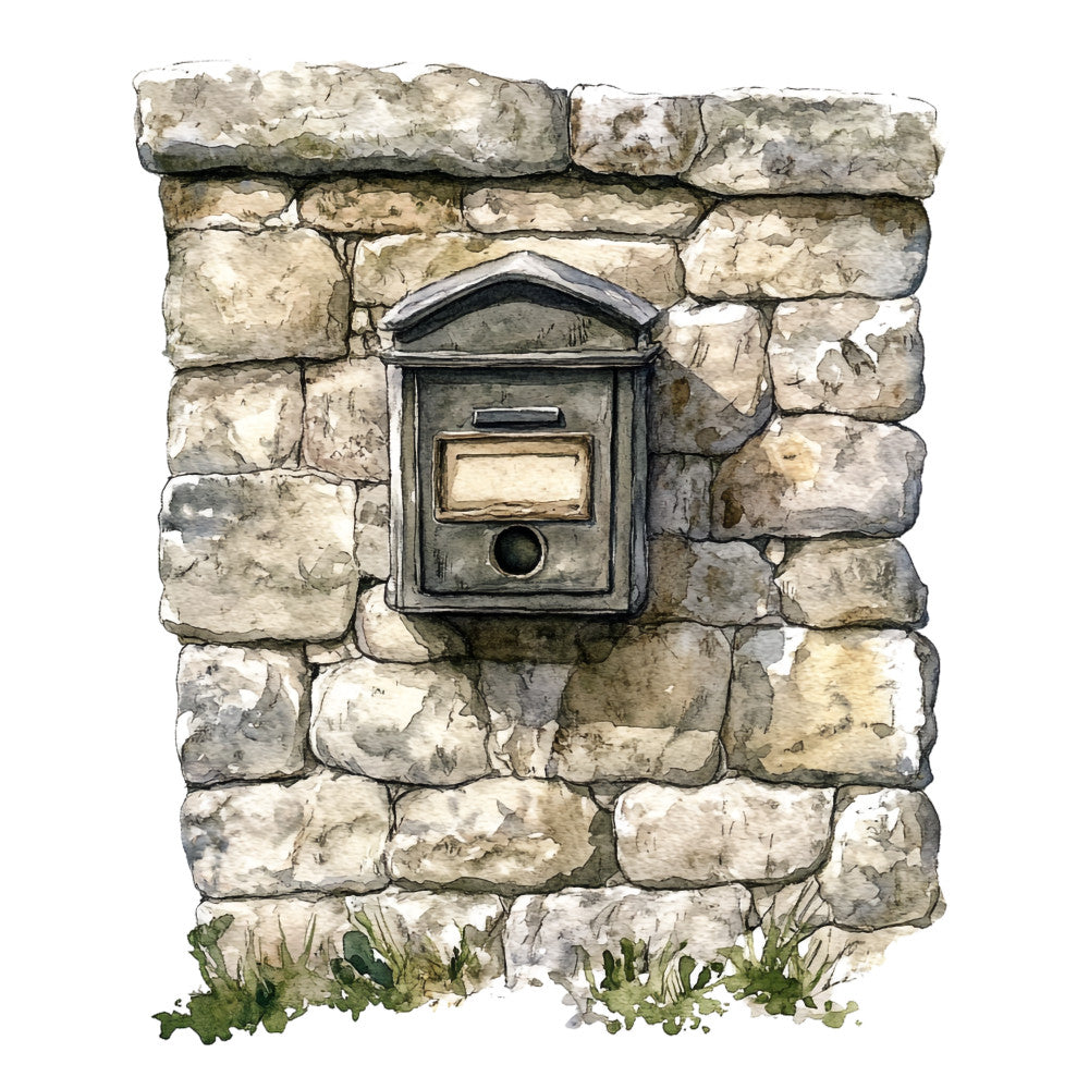 stone wall, mailbox, watercolor style, beige, gray, cream, weathered stone, countryside scene, rustic charm, fabric panel, quilting cotton, english village, aged metal, architectural detail, pastoral theme, neutral tones, vintage mailbox, cottage style, outdoor scene, green foliage