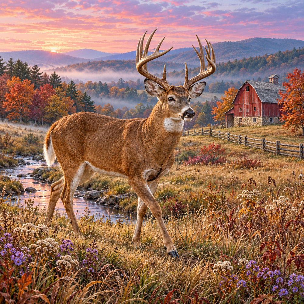 deer, buck, autumn, fall, landscape, mountain, barn, red barn, countryside, farmhouse, nature, wildlife, forest, trees, golden hour, sunset, rustic, warm tones, earth tones, burnt orange, gold, bronze, cream, purple flowers, wildflowers, pastoral, scenic, peaceful, tranquil, traditional