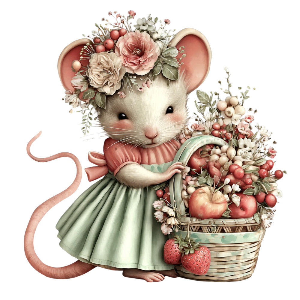 cute mouse, floral, whimsical, animal, vintage, soft pink, sage green, coral pink, cream, pastel, springtime, nature, flowers, roses, berries, strawberries, cottage core, storybook, children's, baby, botanical, romantic, delicate, embellished, illustrated, easter, woodland, charming, nursery, adorable