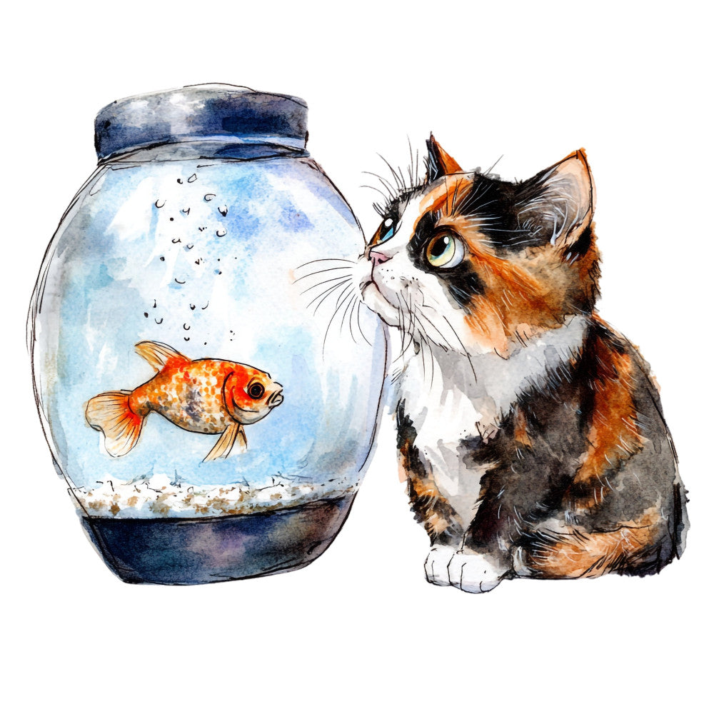 calico cat, orange tabby, goldfish, fish bowl, aquatic, whimsical, playful, animal themed, cat lover, kitten, pet, navy blue, cream white, orange, watercolor, illustration, cute, humorous, funny, quirky, contemporary, modern, children's, kids, baby, novelty, conversation print, single panel, wall art