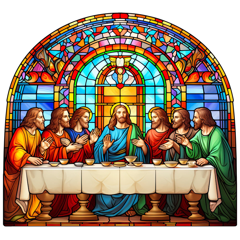 stained glass, religious, last supper, jesus christ, apostles, spiritual, faith, turquoise blue, sky blue, vibrant red, golden yellow, orange, emerald green, jewel tones, geometric, arched window, traditional, elegant, biblical, christian, devotional, sacred, ornate, multi-colored, rainbow, vintage, religious iconography, faith-based, table runner, wall hanging