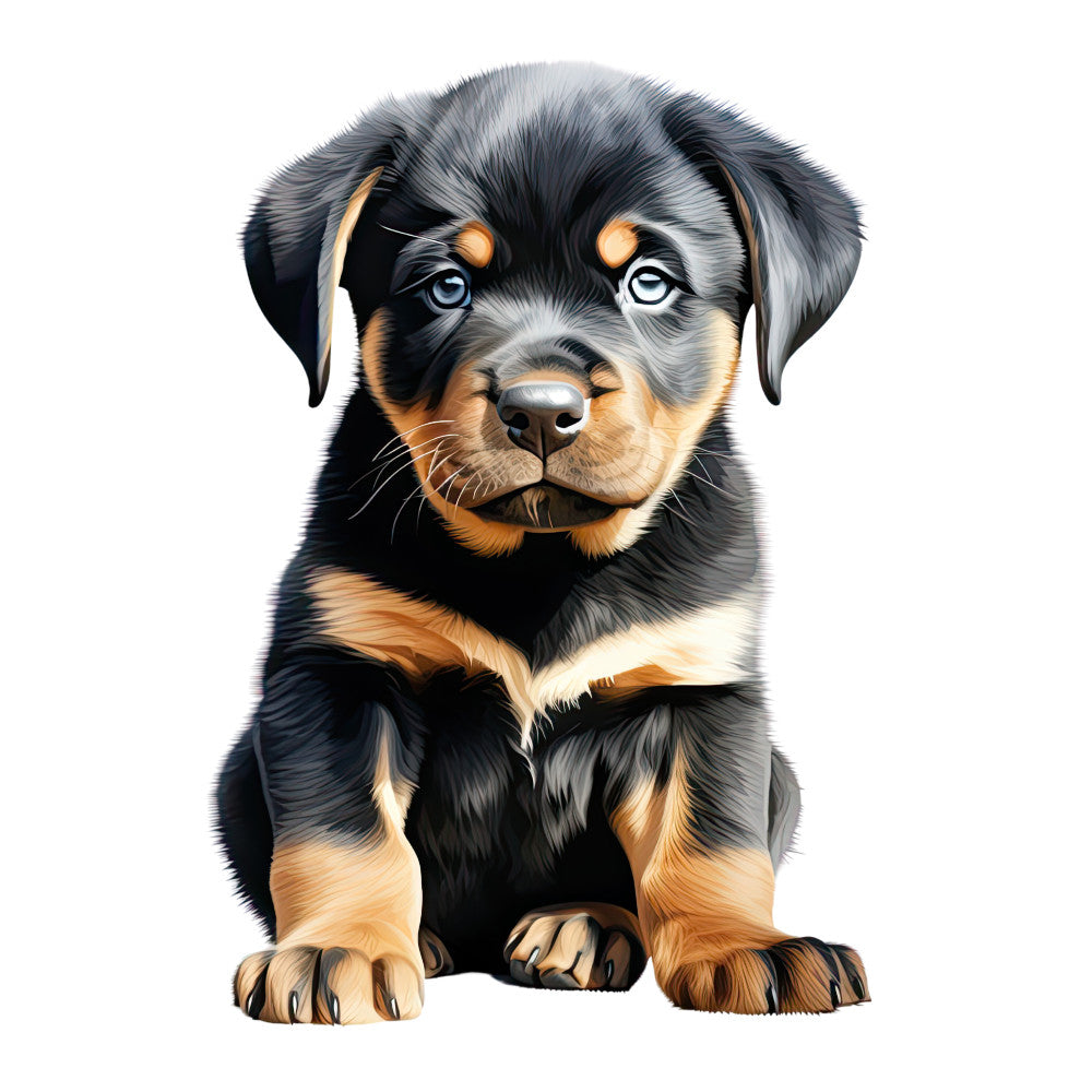 Watercolor Dogs Fabric Panel 13 featuring a detailed, realistic illustration of a black and tan puppy on premium quilting cotton fabric.