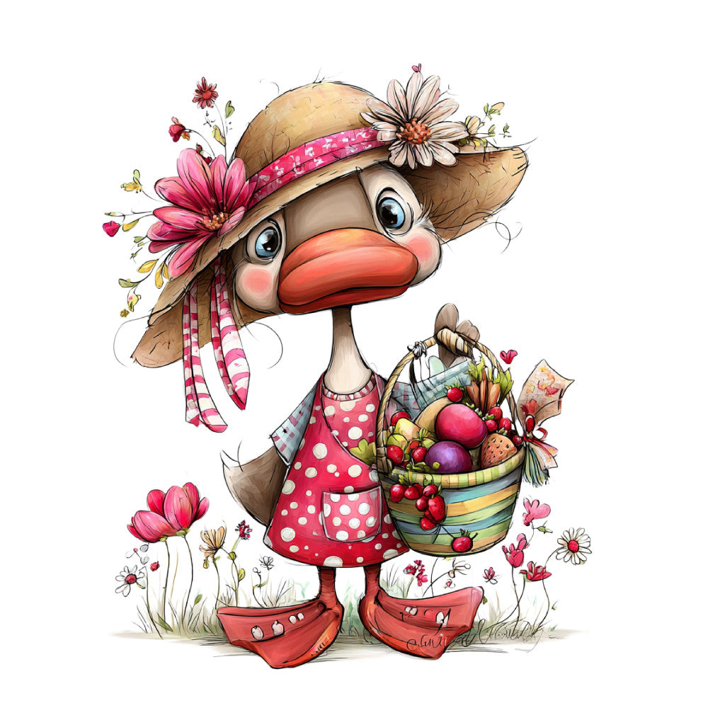 whimsical duck, coral pink, cream, polka dots, floral, spring, garden, animals, birds, flowers, farmhouse, cute, cheerful, daisy, vintage style, rustic, nature themed, heart motifs, strawberry, picnic basket, hat, bonnet, children's, nursery, baby quilt, wall hanging, folk art, cottage core, pastoral, strawberry print