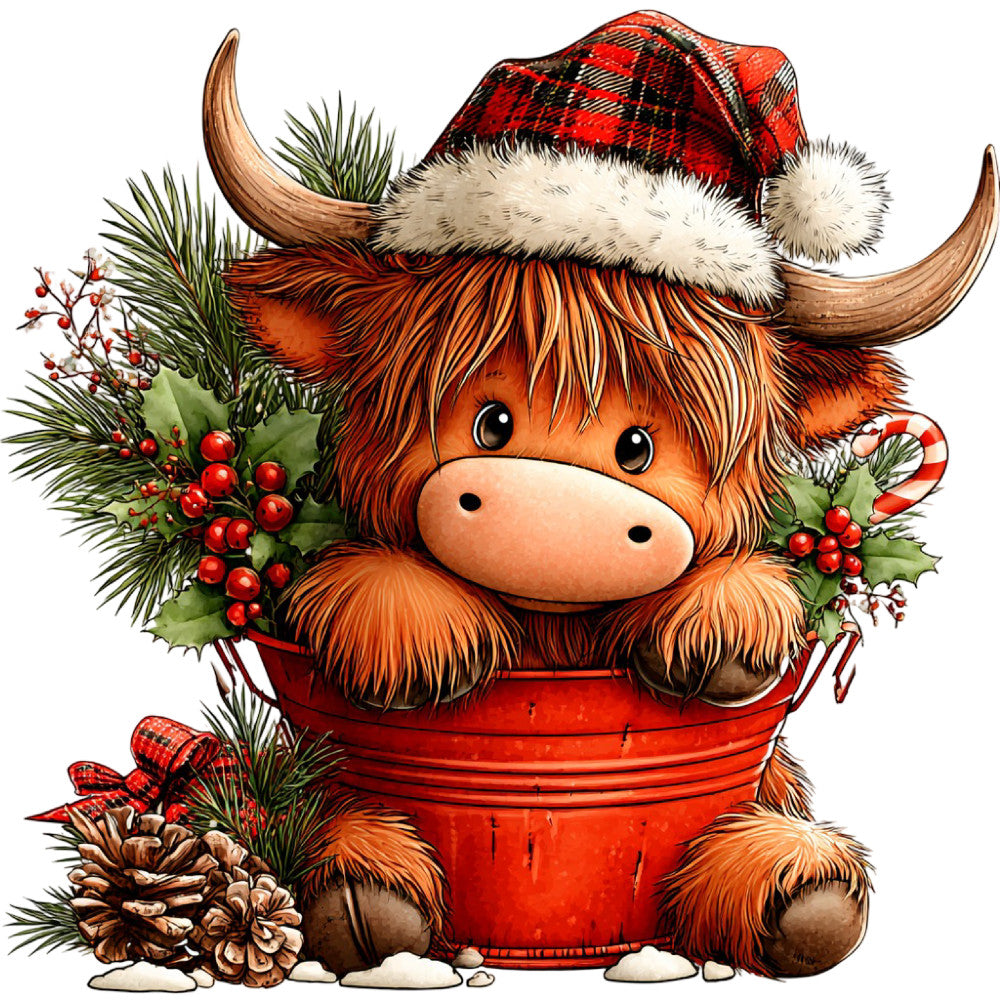 highland cattle, christmas, festive, plaid, red tartan, cream, rust orange, brown, holiday, whimsical, cute, animal, scottish, winter, evergreen, holly berries, pine cones, candy cane, santa hat, rustic, traditional, cheerful, farmhouse, december, seasonal, cozy, decorative, large scale print, novelty