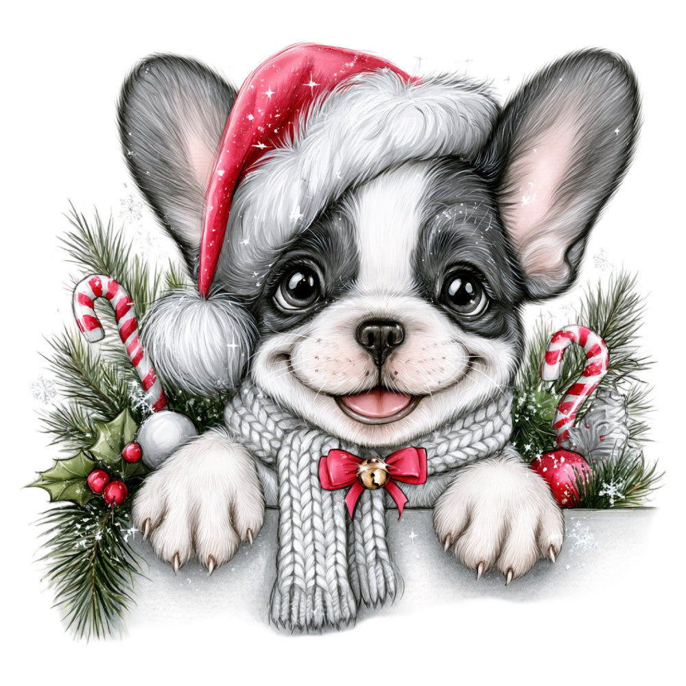christmas, holiday, corgi, dog, puppy, festive, whimsical, cute animals, red, white, gray, charcoal, candy cane, santa hat, knit sweater, holly, evergreen, winter, joy, cheerful, playful, illustrated, dimensional, red bow, pom pom, seasonal, pet lover, animal portrait, decorative panel